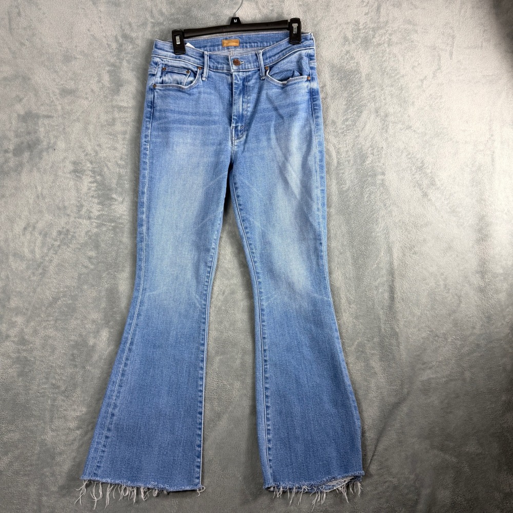 Mother Womens 30 Light Blue The Weekender Flare Raw Hem Stretch Denim Boho Jeans